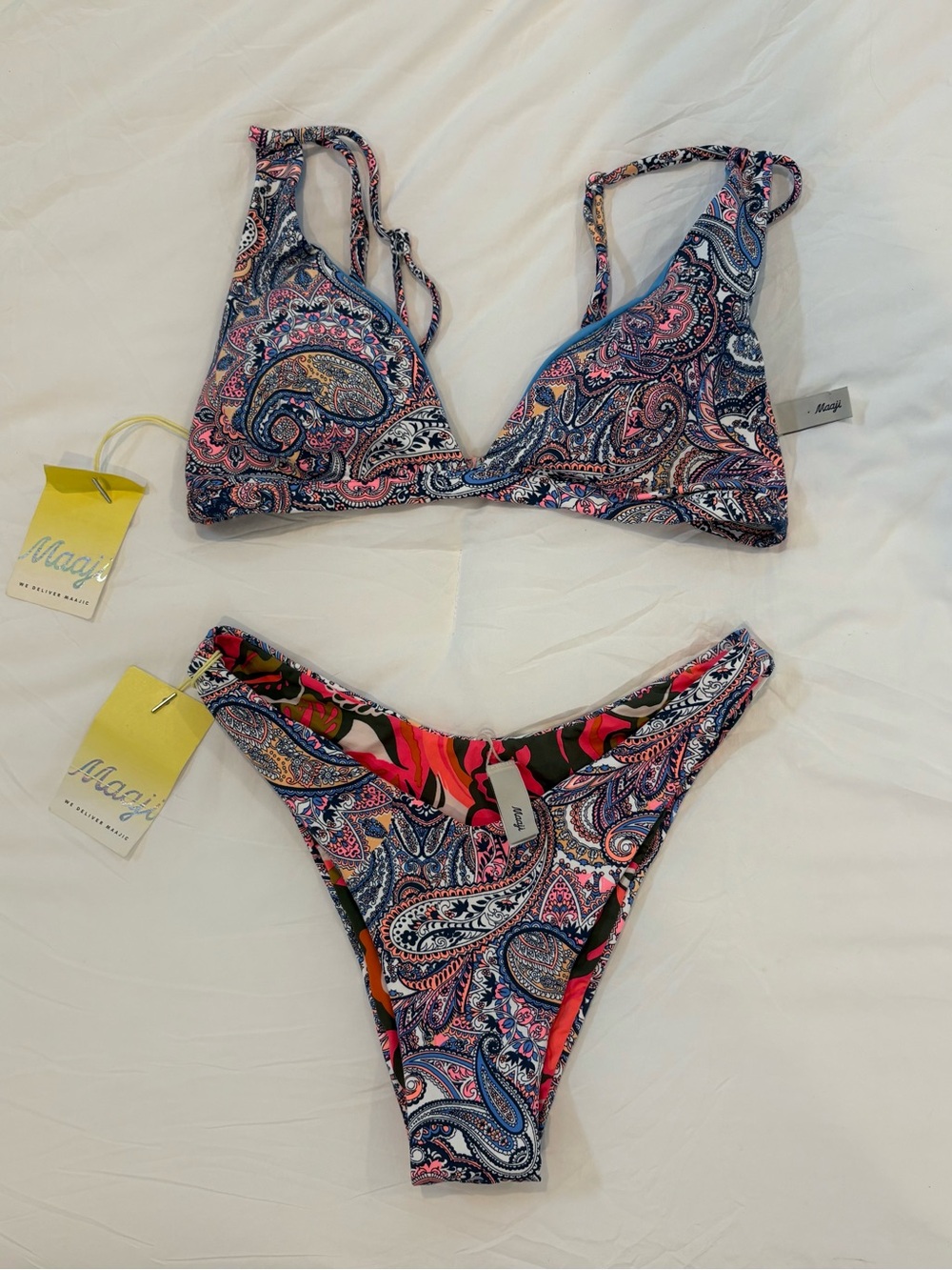 Maaji Paisley Print Triangle Bikini in Pink and Blue